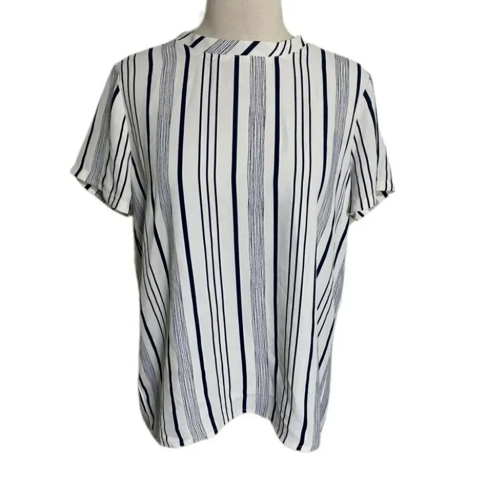 Ann‎ Taylor LOFT Blouse Medium White Navy Blue Striped Short Sleeve Button Back